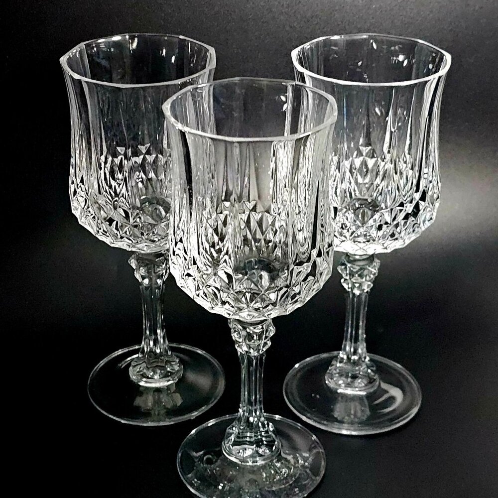 3 Cristal DArques Longchamp Water Glasses 7" Crystal 1980s France vintage 8oz